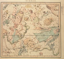 Himmelskarte: Sommer, zeigt Sternzeichen, Positionen der Sterne und astrologische Instrumente, graviert von John Emslie (1813-75)